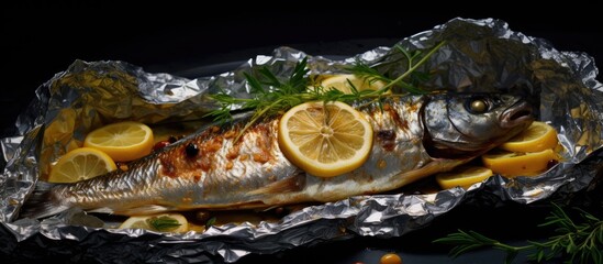 A picture of a baked mackerel fish with lemon wrapped in foil is displayed providing ample empty space for copy