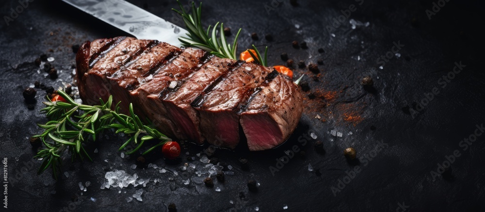 Aufkleber a flavorful grilled beef steak rests on a knife atop a stone background providing ample copy space f