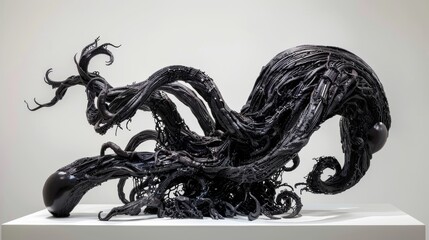 A sculpture of a monster with a long tail and two large balls on its head