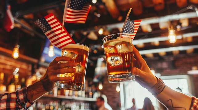 Two hands toasting beer glasses with American flags in a bar, celebrating 4th of July.