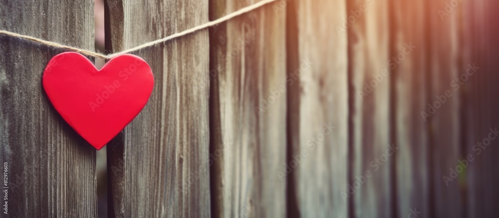 Poster a red paper heart hangs on a clothesline against a backdrop of weathered wood creating a charming co