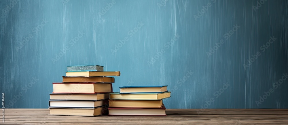 Poster a back to school image with an open book and a stack of hardback books on a wooden table leaving roo