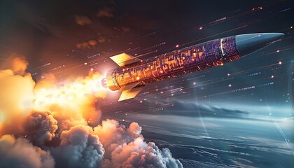A hack-themed double exposure graphic showing a missile launch with a digital code overlay, representing cyber warfare and the integration of hacking in modern military strategies,