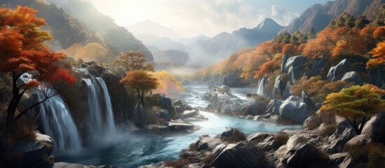 The autumnal mountains serve as a picturesque backdrop for the pristine waterfall creating a serene and refreshing copy space image