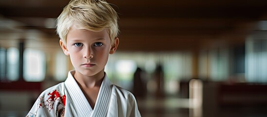 Little blond boy wearing a kimono stands in the gym looking directly at the camera The image has sufficient copy space - Powered by Adobe