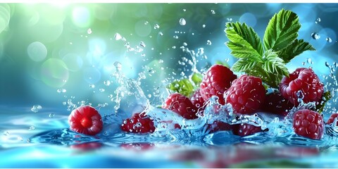Raspberry Studio Banner with Vibrant Water Splashes on Soft Pastel Background. Concept Photography, Studio Setup, Color Splash, Raspberry Theme, Soft Pastel Background
