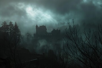 a castle in the fog