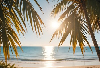 Fototapeta premium summer season theme with leafs of palm trees covered with shiny sun at beach behind Beach and Sea season theme