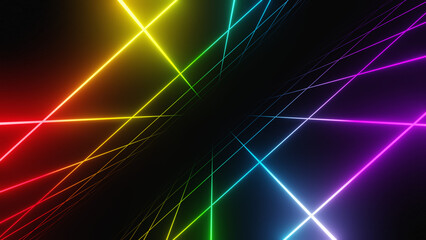 3d retro neon rainbow abstract background with laser lines. Synthwave grid videogame style. Vj futuristic sci-fi 80s 90s y2k wireframe net. Disco music template LGBT Pride	
