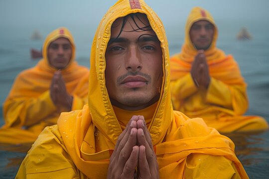 The cultural rituals of fishermen, Young men in saffron robes, hoods up, gaze serene, hands clasped in prayer, misty water surrounds. - Powered by Adobe