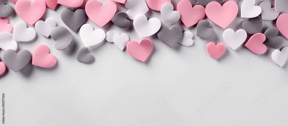Poster a close up image with a white background displaying hearts in pink and grey providing copy space