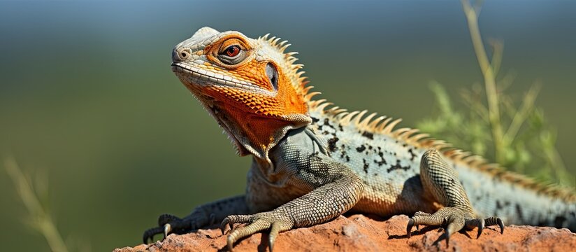 A rock agama lizard can be found in the Masai Mara a popular destination known for its wildlife and natural beauty. Copyspace image