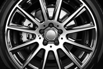 Team of professionals working together in a car care center, Monochrome wheel close-up, sleek alloy design, reflects precision engineering. Abstract perspective on automotive elegance.