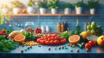 Nutritionist consulting a client, variety of healthy foods on the table, focus on dietary planning,...