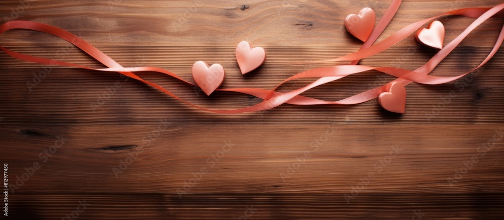 Poster a top down view of heart shaped ribbons on a wooden table creating a concept of valentine s day ther