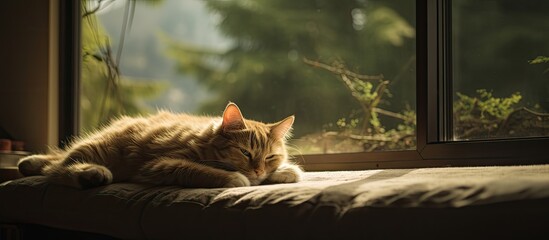 A cat peacefully enjoying a leisurely moment near the window with copy space image