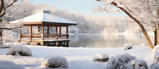 Snowy landscape with a pavilion overlooking a lake includes a clear square eating area Copy space image