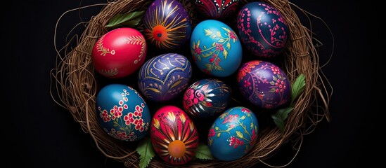 A top view of colorfully decorated Easter eggs arranged in a nest on a dark background creating an Easter card with ample room for additional images or text