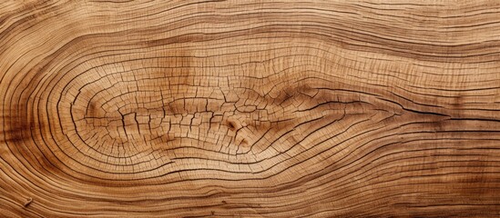 Obraz premium A close up image of a brown wooden board showcasing the texture and natural patterns of the cut tree surface Copy space image