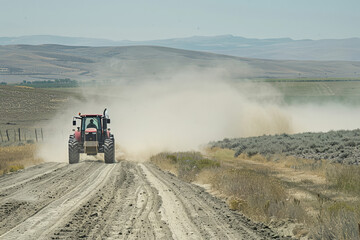 Tractor leaving dust clouds in its wake, finishing up the day's work in a heat-affected field 