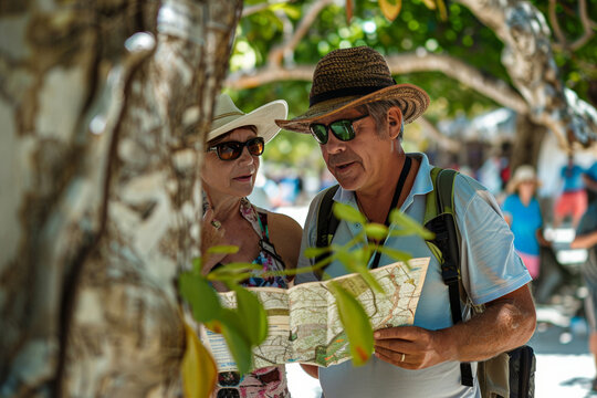 Tourists with hats and sunglasses, consulting a map under a scant tree shade, visibly overheated 