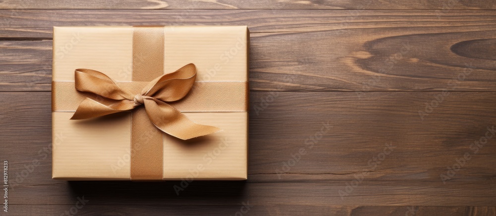 Poster a top view image of a brown gift box placed on a rustic wooden background with plenty of space for c