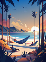 Tranquil Beachside Sunset with Hammock and Palms