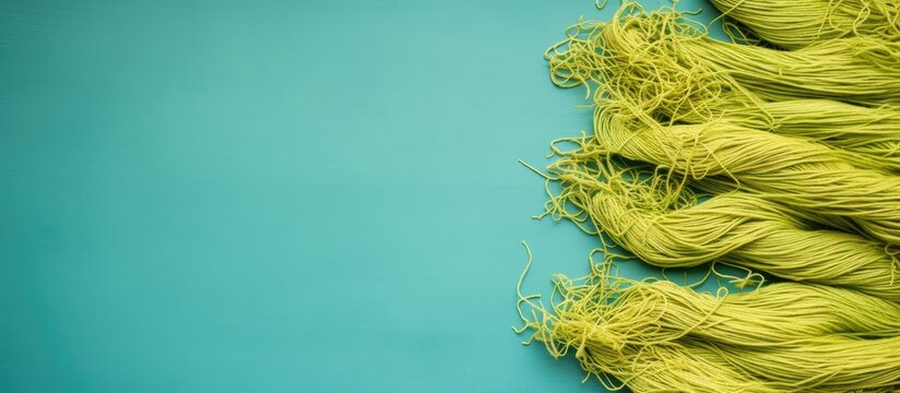A collection of yellowish green hemp threads is found on a blue background offering colorful tones in a flat lay style There is ample copy space for your text