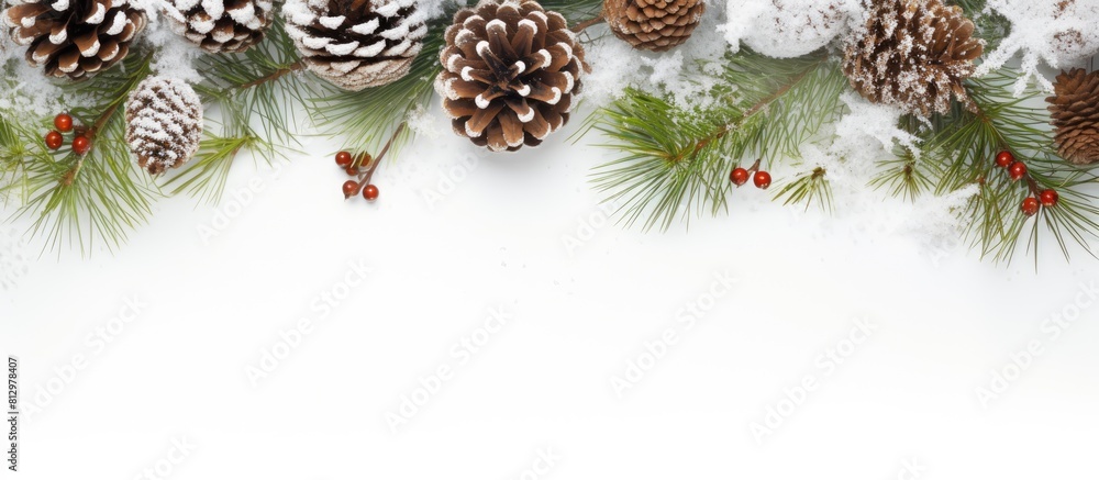 Poster a christmas themed arrangement with spruce branches cones and a snowy white background top view with