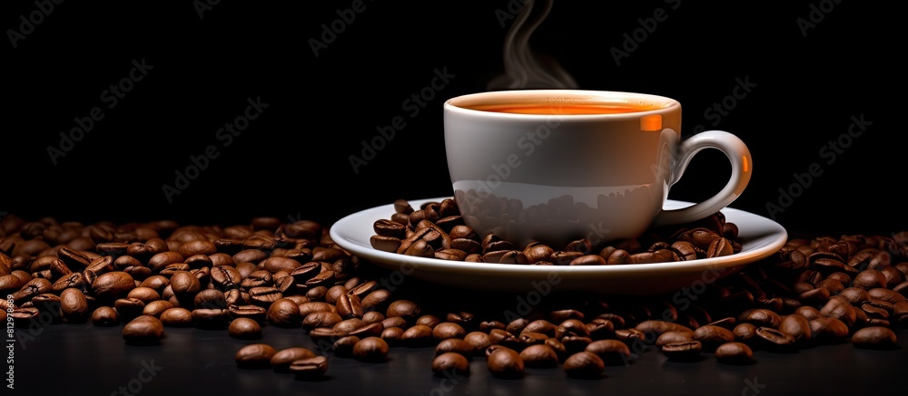 Poster a coffee cup filled with espresso sits alone on a black background with scattered coffee beans ample