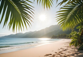 Fototapeta premium summer season theme with leafs of palm trees covered with shiny sun at beach behind Beach and Sea season theme