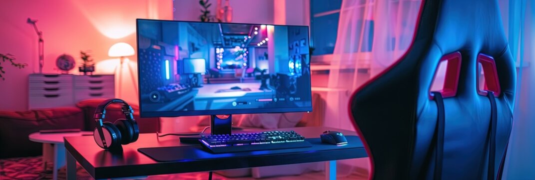 gaming den with computer monitor and glowing lights 
