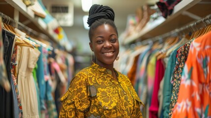 Obraz premium Happy woman stands in a fashion store, carefully choosing clothing items to buy. She browses through racks of stylish clothes, examining each one closely before making a decision.
