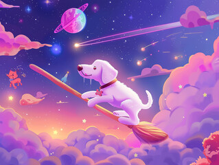 A cartoon dog riding a magical broom in the twilight sky, with distant planets and shooting stars creating a dreamlike atmosphere3D vector illustrations