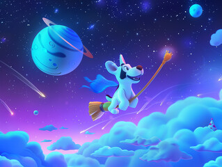 A cartoon dog riding a magical broom in the twilight sky, with distant planets and shooting stars creating a dreamlike atmosphere3D vector illustrations
