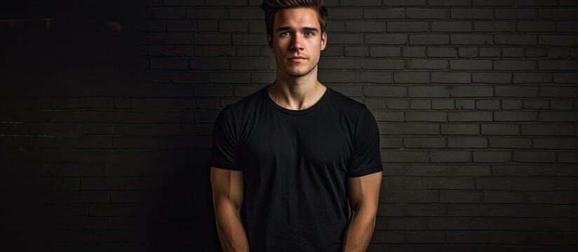 A guy wearing a black T shirt poses for a portrait in a spacious room with a generous amount of natural light. Copyspace image