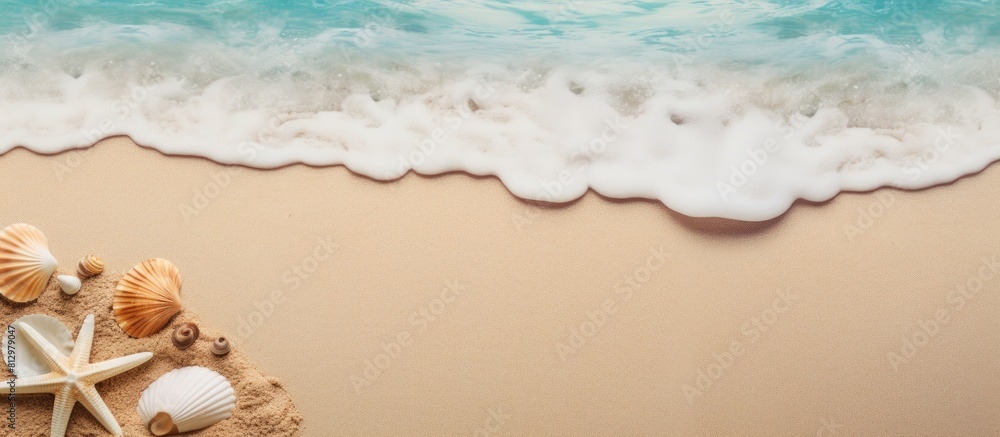 Poster copy space image of a tropical beach background with a blurred shell sea star and palm tree this top
