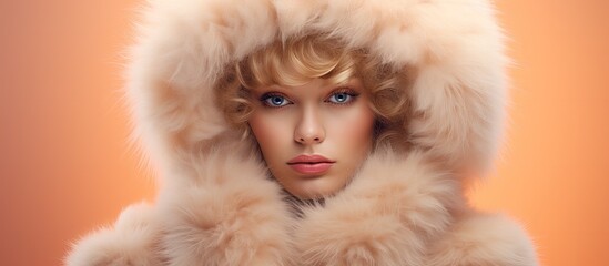 A fashion doll wearing a trendy fur hat with ample copy space in the image
