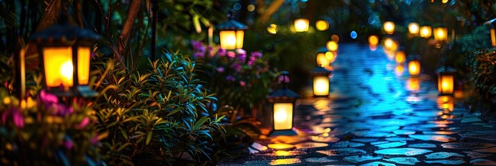 Obraz premium Outdoor garden lighting in the back yard of a house