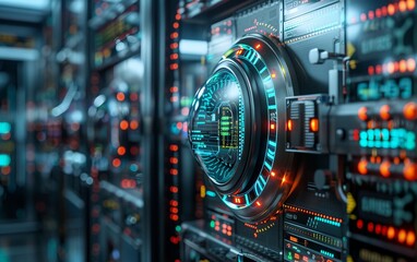 Obraz premium Conceptual image of a secure high-tech vault with digital interfaces and holographic money, emphasizing the convergence of cybersecurity and financial technology,