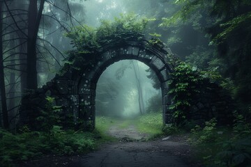 a stone arch in a forest