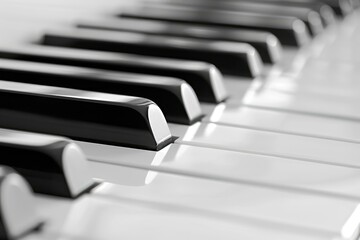 Closeup of an elegant piano keyboard in monochrome with black and white keys. Showcasing the...