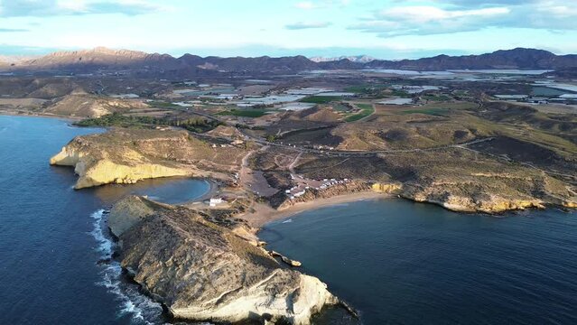 Aerial view of Cuatro Calas beaches in Aguilas, Murcia. Playa la Carolina and Playa de los Cocedores. Aerial landscape of beautiful beach on the mediterranean coast of Murcia