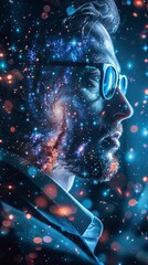 Double exposure of business executive with a holographic smart technology interface and a deep space galaxy scene,