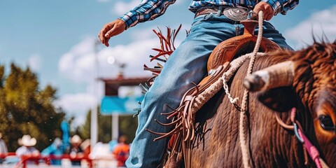 Cowboy rides bull at rodeo