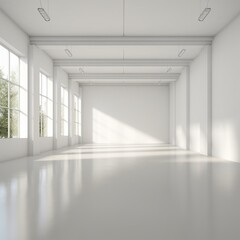 3d rendering of  An empty white room with large windows and a concrete floor.