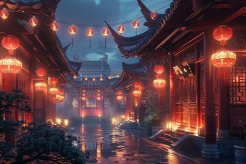 a street with lanterns and buildings