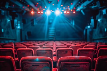 a theater with red seats and blue lights