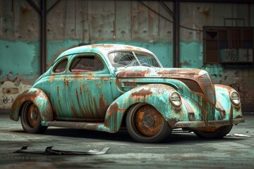 Classic car with a rusted exterior, parked inside a dilapidated warehouse setting