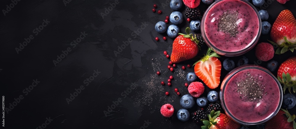 Aufkleber a top down view of fruit smoothies featuring blueberries and strawberries on a dark vintage backdrop